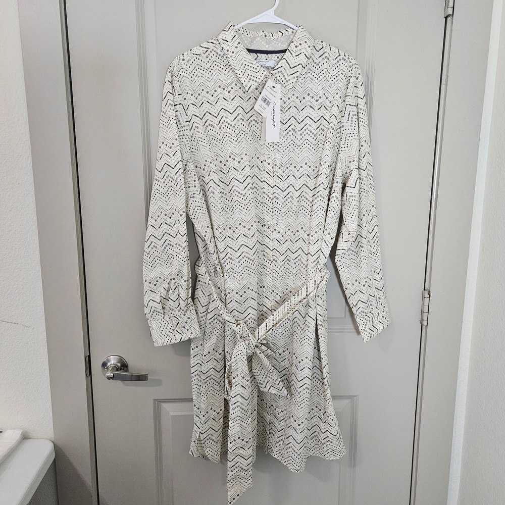Foxcroft NYC Rocca LS Chevron Shirt Dress Ivory Multi Non-Iron Cotton 20W NEW